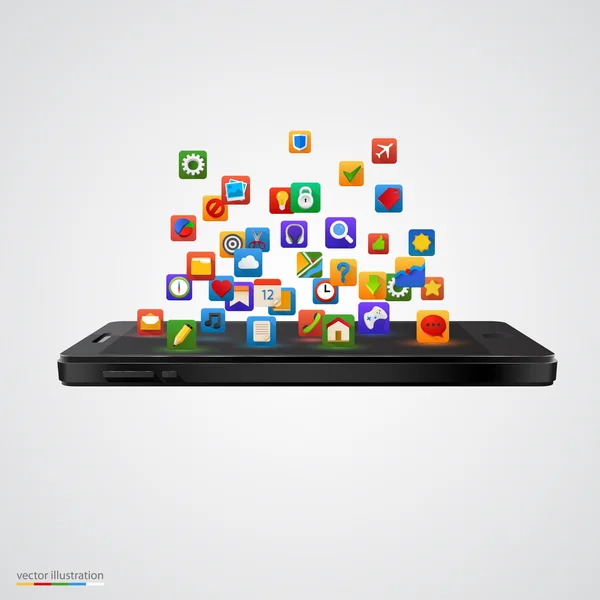 Smartphone con la nube de iconos de aplicaciones . — Vector de stock