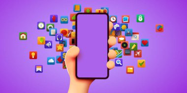 Cep telefonu tutan sevimli 3D karikatür el. Modern model..