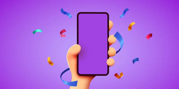 Carino 3D cartone animato mano che tiene smartphone cellulare con coriandoli celebrativi che volano in giro. Concetto vincente. Mockup moderno. — Vettoriale Stock