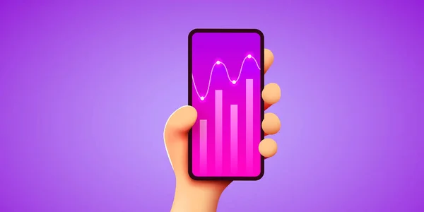 Concepto de tecnología móvil. Análisis de gráficos de tendencias de mercado en smartphone. La mano sostiene el teléfono. Infografía y estadísticas en pantalla. — Archivo Imágenes Vectoriales