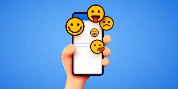 Handtelefoon emoticons vasthouden. Sociale media en messenger chatten. — Stockvector