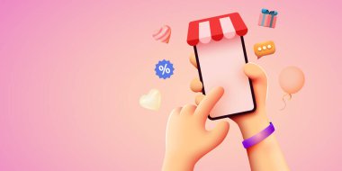 Shopp uygulamalı cep telefonuyla el ele tutuşmak. Çevrimiçi alışveriş kavramı.