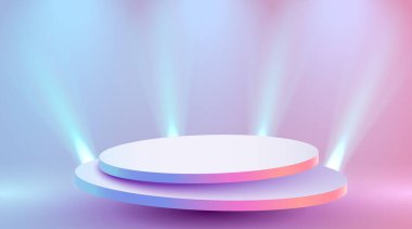 Spot ışıklarıyla aydınlatılmış soyut bir podyum. Ödül töreni konsepti. Sahne arkası. Vektör illüstrasyonu