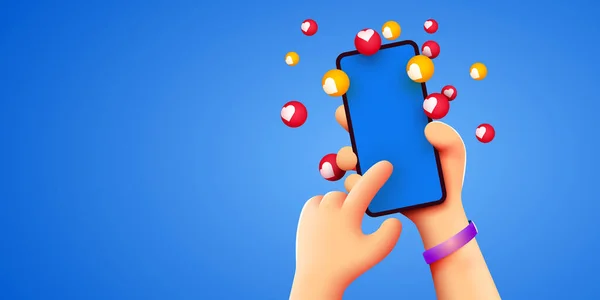 Carino cartone animato mano che tiene smartphone mobile con Likes icone di notifica su sfondo blu. Social media e concetto di marketing. — Vettoriale Stock