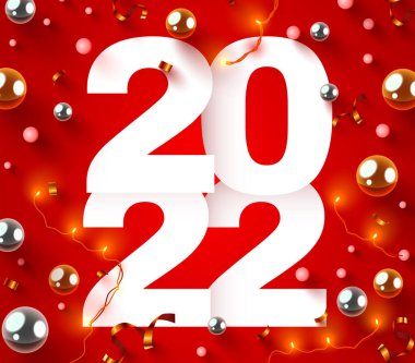 Mutlu 2022 seneleri. Konfeti ve çelenkli 2022 numaralı tatil sayısı. Festive poster ya da afiş tasarımı.