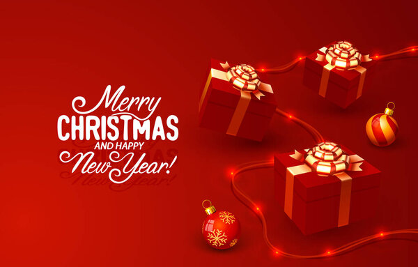 Merry Christmas Happy New Year tree with toys, card banner. Vector