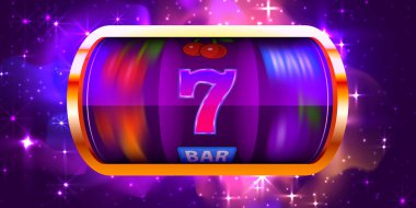 Altın Neon kumar makinesi ikramiyeyi kazandı. Cosmos Kumarhanesi. 777 Büyük kazanç konsepti.