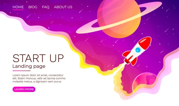 Start-up idee Landing pagina scherm, ontwikkelingstechnologie, raket banner. Vector — Stockvector