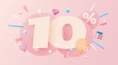 Yüzde 10 indirim. Yaratıcı kompozisyon indirimi. Dekoratif eşyalarla dolu 3D satış sembolü, kalp şeklinde balonlar ve hediye kutusu. Satış afişi ve poster. 