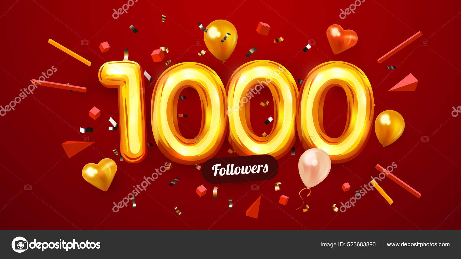 balloons.　Golden　friends,　or　Social　1k　you.　Vector　numbers,　Subscribers,　1000　or　thank　followers,　followers　Web　followers　Stock　and　confetti　by　©hobbit_art　users.　Network　celebration.　likes　523683890