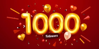 1k ya da 1000 takipçi teşekkür eder. Altın sayılar, konfeti ve balonlar. Sosyal ağ arkadaşları, takipçileri, web kullanıcıları. Aboneler, takipçiler ya da kutlamaları severler.