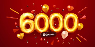 6000 ya da 6000 takipçi teşekkür eder. Altın sayılar, konfeti ve balonlar. Sosyal ağ arkadaşları, takipçileri, web kullanıcıları. Aboneler, takipçiler ya da kutlamaları severler.