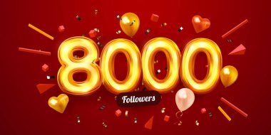 8000 ya da 8000 takipçi teşekkür eder. Altın sayılar, konfeti ve balonlar. Sosyal ağ arkadaşları, takipçileri, web kullanıcıları. Aboneler, takipçiler ya da kutlamaları severler.