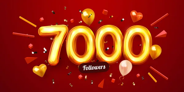 7k eller 7000 följare tackar er. Gyllene nummer, konfetti och ballonger. Sociala nätverk vänner, anhängare, webbanvändare. Prenumeranter, anhängare eller gillar fest. — Stock vektor