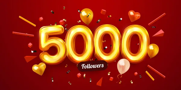 5k of 5000 volgers dank u. Gouden cijfers, confetti en ballonnen. Vrienden van het sociale netwerk, volgers, webgebruikers. Abonnees, volgers of houdt van feesten. — Stockvector