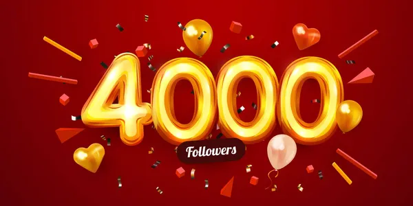 4000 nebo 4000 následovníků vám děkuje. Zlatá čísla, konfety a balónky. Přátelé, následovníci, uživatelé webu. Předplatitelé, následovníci nebo mají rádi oslavy. — Stockový vektor