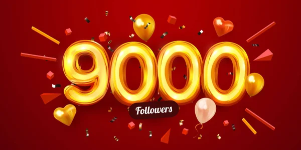 9000 nebo 9000 následovníků vám děkuje. Zlatá čísla, konfety a balónky. Přátelé, následovníci, uživatelé webu. Předplatitelé, následovníci nebo mají rádi oslavy. — Stockový vektor