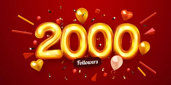 2k of 2000 volgers dank u. Gouden cijfers, confetti en ballonnen. Vrienden van het sociale netwerk, volgers, webgebruikers. Abonnees, volgers of houdt van feesten. — Stockvector