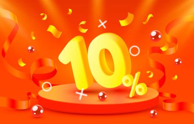 10 indirim. Yaratıcı kompozisyon indirimi. Dekoratif eşyalar, altın konfeti, podyum ve hediye kutusu olan 3D satış sembolü. Satış afişi ve poster. Vektör