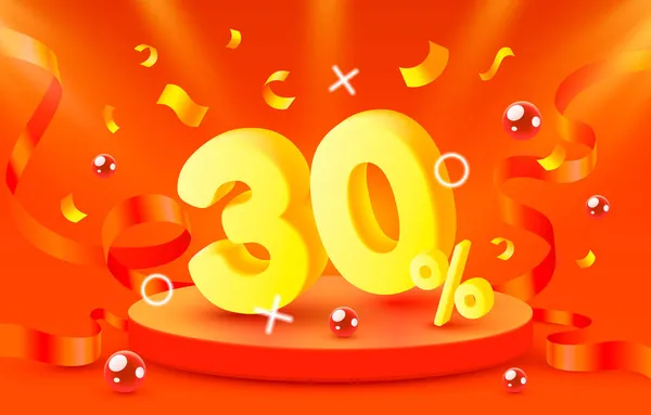 30 di sconto. Sconto composizione creativa. Simbolo di vendita 3d con oggetti decorativi, confetti dorati, podio e confezione regalo. Vendita banner e poster. Vettore — Vettoriale Stock