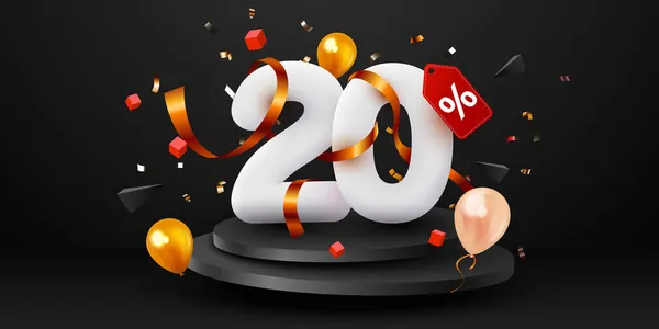 20 percento di sconto. Venerdì nero Vendita composizione con oggetti decorativi, palloncini, coriandoli dorati, podio. banner sconto e poster. — Vettoriale Stock