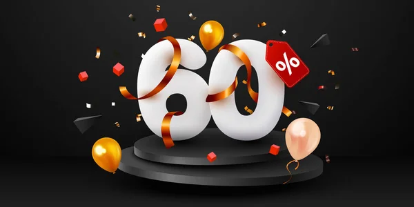 60 Prozent Rabatt. Black Friday Sale Komposition mit dekorativen Objekten, Luftballons, goldenem Konfetti, Podium. Rabatt Banner und Plakat. — Stockvektor