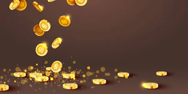 Monete cadenti, soldi cadenti, monete d'oro volanti, pioggia dorata. Jackpot o concetto di successo. Sfondo moderno. — Vettoriale Stock