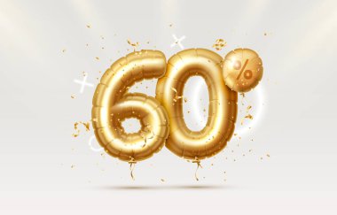 60 indirimli Yaratıcı kompozisyon indirimi. 3D Altın Satış sembolü, dekoratif nesneler, kalp şeklinde balonlar, altın konfeti, podyum ve hediye kutusu. Satış afişi ve poster. Vektör