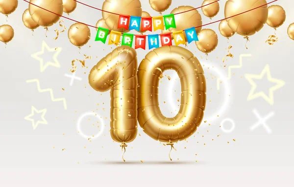 Aniversário feliz 10 anos aniversário da pessoa aniversário, balões na forma de números do ano. Vetor — Vetor de Stock