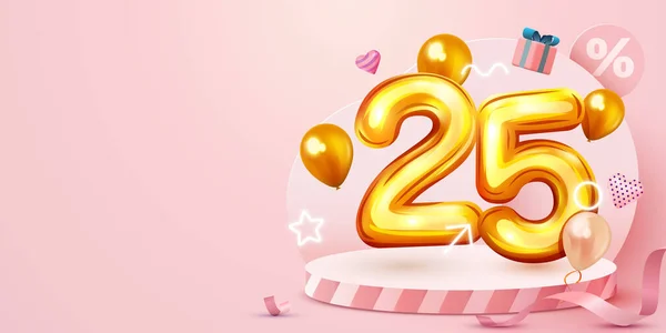 25 percento di sconto. Sconto composizione creativa. Simbolo di vendita dorato con oggetti decorativi, palloncini a forma di cuore e confezione regalo. Vendita banner e poster. — Vettoriale Stock