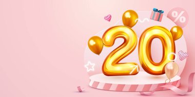 Yüzde 20 indirim. Yaratıcı kompozisyon indirimi. Altın satış sembolü, dekoratif eşyalar, kalp şeklinde balonlar ve hediye kutusu. Satış afişi ve poster.