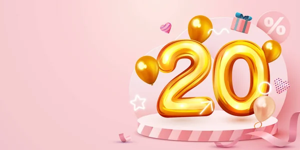 20 percento di sconto. Sconto composizione creativa. Simbolo di vendita dorato con oggetti decorativi, palloncini a forma di cuore e confezione regalo. Vendita banner e poster. — Vettoriale Stock