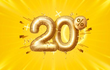 20 indirim. Yaratıcı kompozisyon indirimi. 3D Altın Satış sembolü, dekoratif nesneler, kalp şeklinde balonlar, altın konfeti, podyum ve hediye kutusu. Satış afişi ve poster. Vektör