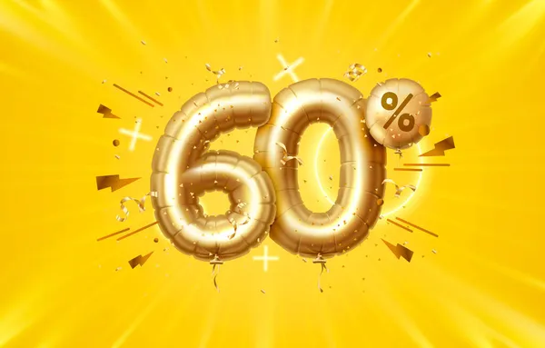 60 εκτός. Έκπτωση δημιουργική σύνθεση. 3D Χρυσό σύμβολο πώλησης με διακοσμητικά αντικείμενα, μπαλόνια σε σχήμα καρδιάς, χρυσά κομφετί, βάθρο και κουτί δώρου. Πωλούν πανό και αφίσα. Διάνυσμα — Διανυσματικό Αρχείο
