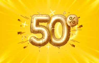50 indirim. Yaratıcı kompozisyon indirimi. 3D Altın Satış sembolü, dekoratif nesneler, kalp şeklinde balonlar, altın konfeti, podyum ve hediye kutusu. Satış afişi ve poster. Vektör