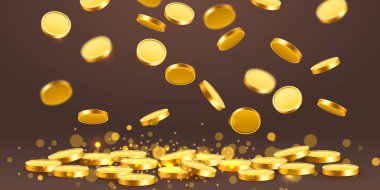 Düşen paralar, düşen paralar, uçan altın paralar, altın yağmurlar. Büyük ikramiye ya da başarı konsepti. Modern arkaplan.