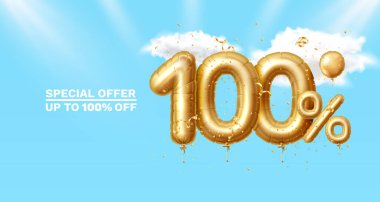 100 dolar. Yaratıcı kompozisyon indirimi. 3D Altın Satış sembolü, dekoratif nesneler, kalp şeklinde balonlar, altın konfeti, podyum ve hediye kutusu. Satış afişi ve poster. Vektör
