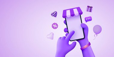 Shopp uygulamalı cep telefonuyla el ele tutuşmak. Çevrimiçi alışveriş kavramı.