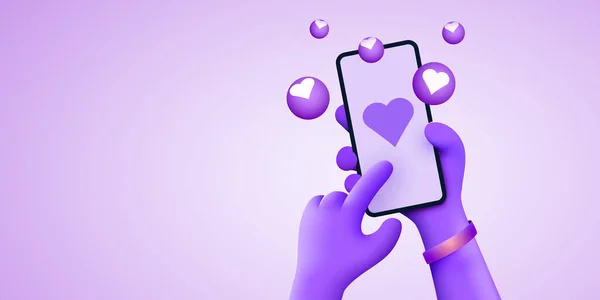 Carino cartone animato mano che tiene smartphone mobile con Likes icone di notifica su sfondo blu. Social media e concetto di marketing. — Vettoriale Stock