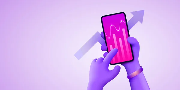 Concetto di tecnologia mobile. Analisi dei grafici di tendenza del mercato sullo smartphone. Mano in mano il telefono. Infografica e statistiche sullo schermo. — Vettoriale Stock