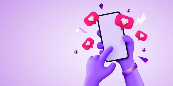 Niedliche 3D-Cartoon-Hand hält ein mobiles Smartphone mit Likes-Benachrichtigungssymbolen. Social Media und Marketingkonzept. — Stockvektor