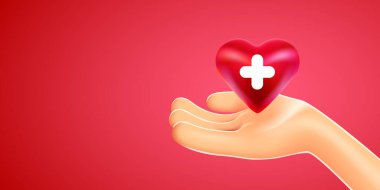 Sağlık, ilaç ve yardım konsepti - kırmızı kalbi beyaz haçla tutmaya yakın çekim.