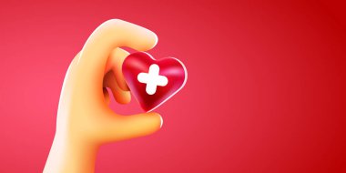 Sağlık, ilaç ve yardım konsepti - kırmızı kalbi beyaz haçla tutmaya yakın çekim.