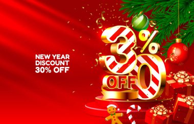 Yeni yıl indirimli Noel indirimi. Kırmızı arka planda hediyeler ve Noel süslemeleri olan 30 altın rakam indirimi. Vektör