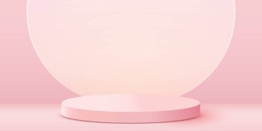 Soyut sahne arkaplanı. Pembe arka planda silindir podyum. Ürün sunumu, modelleme, kozmetik ürünü, podyum, sahne kaidesi veya platformu göster.