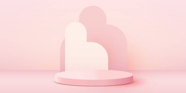 Soyut sahne arkaplanı. Pembe arka planda silindir podyum. Ürün sunumu, modelleme, kozmetik ürünü, podyum, sahne kaidesi veya platformu göster.