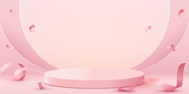 Soyut sahne arkaplanı. Konfeti ve kurdeleli silindir podyum arka planı. Ürün sunumu, modelleme, kozmetik ürünü, podyum, sahne kaidesi veya platformu göster.