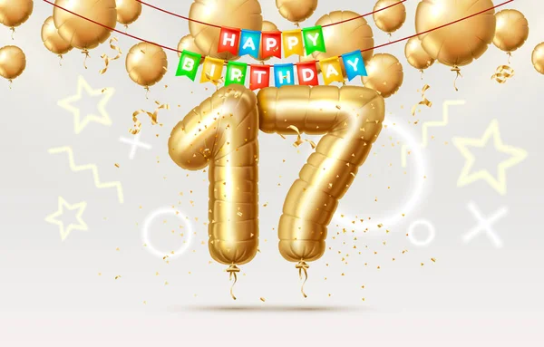 Aniversário feliz 17 anos aniversário da pessoa aniversário, balões na forma de números do ano. Vetor — Vetor de Stock
