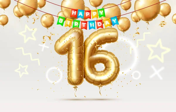 Feliz Cumpleaños 16 años aniversario de la persona cumpleaños, globos en forma de números del año. Vector — Archivo Imágenes Vectoriales