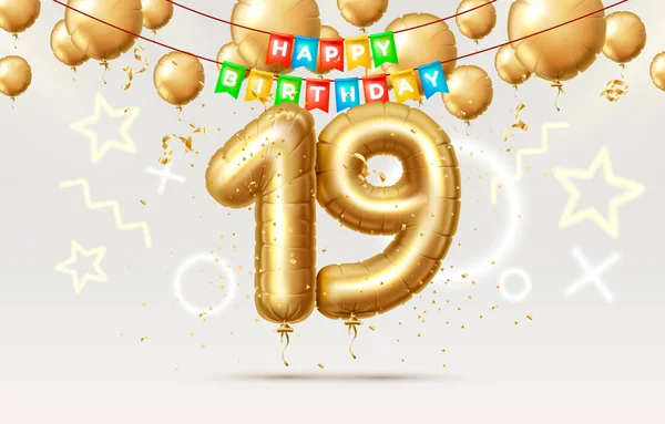 Buon compleanno 19 anni anniversario del compleanno della persona, palloncini sotto forma di numeri dell'anno. Vettore — Vettoriale Stock